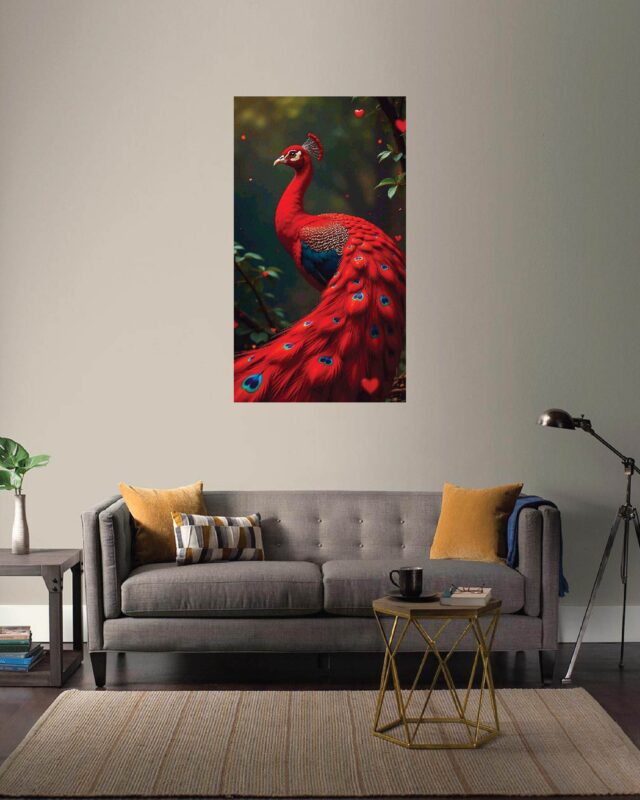 Crimson Majesty – Luxurious Red Peacock Wall Art